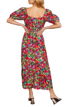 Colorful flowers create a bold effect on a puff-sleeve dress cinched with a matching tie belt. Slips on over head Surplice V-neck Short sleeves Removable tie belt Lined 85% rayon, 15% nylon Hand wash, line dry Imported Green Floral Print Puff Sleeve Maxi Dress, Green Puff Sleeve Maxi Dress With Floral Print, Green Puff Sleeve Dress With Floral Print, Green Floral Print Midi Dress With Puff Sleeves, Green Puff Sleeve Midi Dress With Floral Print, Spring Floral Maxi Puff Sleeve Dress, Multicolor Floral Puff Sleeve Dress For Spring, Spring Multicolor Floral Dress With Puff Sleeves, Multicolor Fitted Puff Sleeve Dress With Floral Print