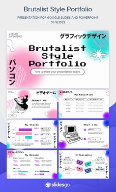 Brutalist Style Portfolio Brutalist Powerpoint, Slides Google Templates, Canva Theme Ideas, Brutalist Illustration, Google Slide Ideas, Google Slides Aesthetic, Slidesgo Templates, Aesthetic Powerpoint, Font Love