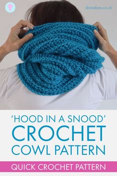 a woman covering her face with a crochet cowl scarf in blue yarn