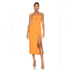 Brisa Midi Dress Never Worn Orange Strapless Midi Dress For Party, Spring Sheath Mini Dress For Gala, Sheath Mini Dress For Spring Gala, Orange Strapless Midi Party Dress, Chic Orange Bodycon Evening Dress, Chic Orange Evening Bodycon Dress, Chic Orange Evening Dress, Chic Orange Strapless Maxi Dress, Chic Strapless Orange Maxi Dress