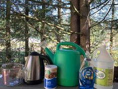 a green watering pot sitting on top of a wooden table next to bottles of water