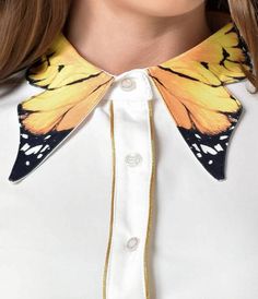 White & Gold Short Sleeve Button Up Butterfly Collar Shirt Wardrobe Goals, Fools Day, Gold Shorts, Life Makeover, Knitted Flowers, April Fools Day, Retro Clothing, April Fools, Dress Top