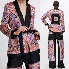 Zara Printed Kimono Jacket.....Size S. Silky Matte Satin; 100% Polyester. Fully Lined. Black/Burnt Orange/Purple/Ivory Paisley Print. Tuxedo Style Collar. Long Sleeves. Lightly Padded Shoulders. Open Front. Removable Self Tie Fabric Belt. Pit To Pit 19". Length About 28.5". New With Tag. V All Saints Kimono, Zara Printed Kimono, Printed Kimono Jacket, Printed Kimono, Tuxedo Style, Print Kimonos, Matte Satin, Fabric Belt, Zara Jackets