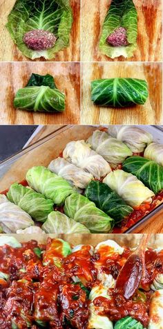 the steps to make stuffed cabbage rolls with meat and vegetables in them are shown here