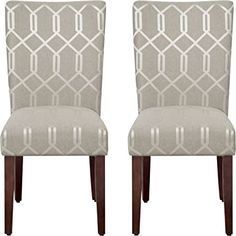 pair of upholstered dining chairs with wood legs in grey and white trellis pattern