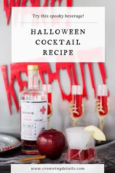 halloween cocktail recipe with apples, cinnamon and apple slices on a table in front of red letters