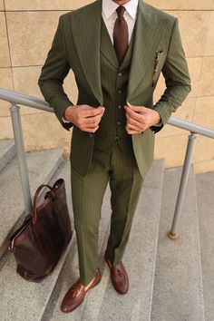 Step into sartorial confidence with our Khaki Striped Slim-Fit Suit 3-Piece, a modern testament to sophisticated style and professionalism. The single-breasted suit, featuring a 2-button blazer and peak lapels, speaks to the essence of contemporary elegance. The khaki striped pattern adds a touch of refinement, ensuring you leave a lasting impression #suits #formalattire #formalwear #mensfashion #specialoccasion #sophisticatedstyle #polishedlook #dapper #suit #mensstyle #fashion #gentleman Blazer Waistcoat, Suit Styles, Slim Fit Suit Men, Brown Suit, Suits Prom, Lapel Jacket