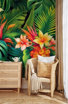 a living room scene with a chair and wall mural in the background, there is a large tropical plant on the wall