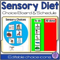 This Sensory Diet Choice Board and "to Do list" Schedule File Folder for Autism and Special education includes 27 picture icons of sensory activities including walk, play dough, sensory bin, water play, lotion, squeezes, trampoline, blanket, tickles, etc... An editable pdf is also available to add yo... Sensory Choice Board, Asd Classroom Activities, Sped Visuals, Occupational Therapy School, Visual Schedule Printable, To Do List Schedule, Sped Resources, Classroom Visuals, Occupational Therapy Schools