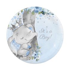 it's a boy paper plate with an elephant and blue flowers