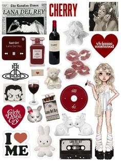 a collage of various stickers and items from the album i love me by lady del ray