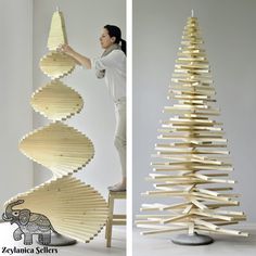 two photographs of a woman standing next to a wooden christmas tree made out of strips of wood