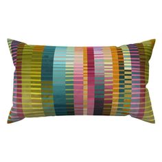 a multicolored striped pillow on a white background