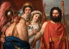 a painting of three men and one woman in roman dress, standing next to each other