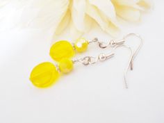 Sunshine Yellow Crystal Earrings, Bright Yellow Czech Glass Jewelry, Neon Yellow Earrings, Yellow and Silver Beaded Jewelry Elegant Yellow Beaded Earrings For Gift, Yellow Jewelry With Ear Wire For Party, Party Jewelry With Yellow Ear Wire, Yellow Dangle Crystal Earrings For Party, Yellow Faceted Beads Jewelry For Party, Yellow Dangle Crystal Party Earrings, Yellow Faceted Beads Party Jewelry, Yellow Jewelry With Faceted Beads For Party, Yellow Dangle Earrings With Faceted Beads