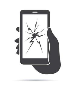 a hand holding a smart phone with a cracked glass on the screen and pointing at it