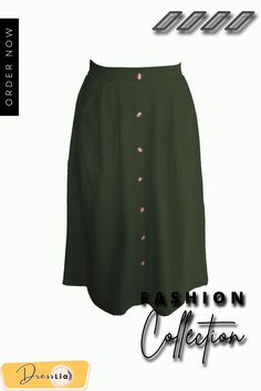 A-lined Buttons Knee Length Midi Skirt with Pockets Green A-line Workwear Skirt, Green A-line Pleated Skirt, Green Knee-length Skirt With Button Closure, Green Buttoned Skirt For Summer, Summer A-line Skirt With Button Closure, A-line Skirt With Button Closure, Summer A-line Skirt With Buttons, A-line Skirt With Button Closure, Relaxed Fit, Relaxed A-line Skirt With Button Closure