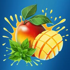 an apple, pineapple and mango are splashing out of the blue background with green leaves