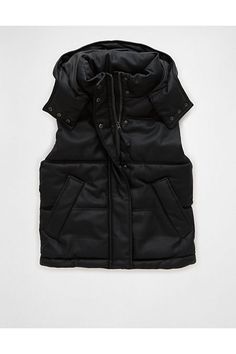 Insulated puffer body/Hooded/Zip-up front with storm placket/Handwarmer pockets Leather Puffer Vest, Daily Fits, Leather Puffer, Vest With Pockets, Womens Puffer Vest, Black Puffer Vest, Black Puffer, Winter Clothing, Puffer Vest