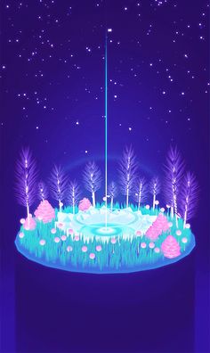 an animated scene with trees and flowers in the night sky