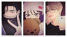 three pictures of people with different facial expressions, one holding a teddy bear and the other looking at a cell phone