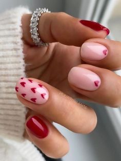 Milky white and red short nail designs with hearts for Valentine's Day Heart Nail Designs, Milky Nails, Valentine Nails, Heart Nail