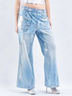 This is a trendy and comfortable pants by 2000 Archives that is made out of high quality and sturdy material. With distinctive mood of the design and comfortable wear, you can style it for your casual daily outfit.- Denim washing and metallic processing- Elastic waistband with drawstring- Adjustable string on the hem Metallic Wide Leg Bottoms With Pockets, Trendy Metallic Wide Leg Jeans, Trendy Metallic Wide-leg Jeans, Metallic Straight Leg Pants With Five Pockets, Metallic Straight Leg Jeans With Five Pockets, Casual Metallic Bottoms With Pockets, Casual Metallic Jeans For Fall, Trendy Metallic Denim Bottoms, Casual Metallic Denim Bottoms