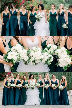 a collage of photos showing different bridesmaids in green dresses and bouquets