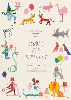 a birthday card with an image of children's party animals and balloons on it