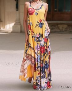 Lasaky - Elegant Sleeveless V-Neck Vintage Butterfly Print Maxi Dress Yellow Floral Print Sleeveless Dress For Vacation, Yellow Sleeveless Maxi Dress For Vacation, Yellow Sleeveless Maxi Dress For Day Out, Bohemian Sleeveless Yellow Maxi Dress, Casual Yellow Sleeveless Maxi Dress, Yellow Sleeveless Floral Print Maxi Dress, Yellow Sleeveless Maxi Dress With Floral Print, Casual Yellow Floral Sleeveless Dress, Yellow Flowy Sleeveless Sundress