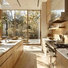 a kitchen with wooden cabinets and white counter tops next to a large window that leads outside