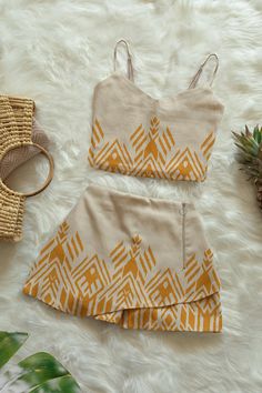 Multicolor Ikat Print Summer Sets, Bohemian Beige Summer Set, Bohemian Yellow Sets With Block Print, Bohemian Yellow Block Print Sets, Yellow Bohemian Set For Festival, Bohemian Yellow Festival Sets, Yellow Bohemian Festival Sets, Yellow Bohemian Festival Set, Yellow Bohemian Sets For The Beach