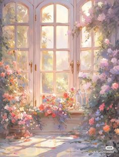 a painting of an open window with flowers on the windowsill and sunlight coming through