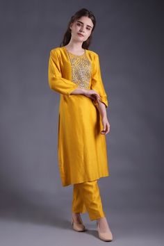 Mustard yellow straight kurta featuring floral embroidery with pearl detailing. Paired with a straight pant and embroidered hem cape. - Aza Fashions Luxury Sale, Kurta With Pants, Straight Pants, Pants Pattern, Modern Bride, Three Quarter, Aza Fashion, Fashion Set, Pants Set