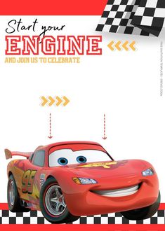 the cars movie poster is shown in red and yellow