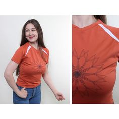 Hi! This is vintage from 90s flowers sport tshirt in orange color. This vintage cute athletic tee made of synthetic material - POLYAMIDE and ELASTAN.  Model on the photo is 170 cm tall and is wearing a MEDIUM size orange women t-shirt. But, be careful, this is a vintage size, it is better to check the measurements below in the product description. Sleeves - 6cm/ 2.36inch; Width - 38cm / 14.96inch;  Length - 55cm / 21.65inch. All measurements are taken seam to seam while lying flat. Additional ph Orange Crew Neck Sports Top, Orange Crew Neck Tops For Workout, Orange Crew Neck Workout Top, Retro Orange T-shirt For Spring, Orange Stretch T-shirt For Summer, Orange Sporty Crew Neck Top, Casual Workout Tops In Orange, Casual Orange Workout Tops, Casual Workout Orange Tops