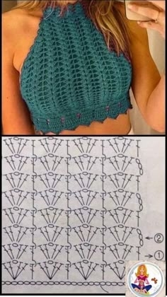 a woman wearing a green top next to an image of a crochet pattern