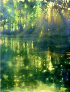 an oil painting of trees and water with sunlight coming through the leaves on the branches