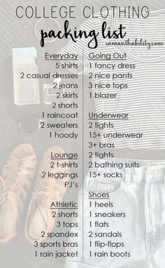 the college clothing packing list is shown