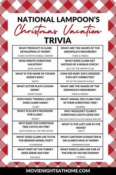 the national lampoon's christmas vacation trivia is shown in red and white checkered