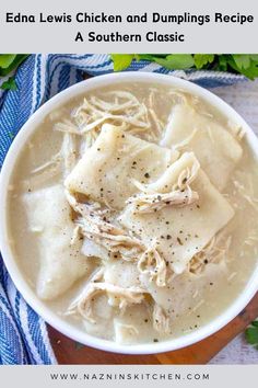 a white bowl filled with chicken and dumplings