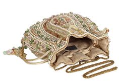 Inspired by opulent encrusted legacy jadau and polki jewelry, the Amara potli pouch pastel multi hued is embellished with semi-precious quartz, stones, kundans and lustrous gold silver Japanese beads. It is finished with delicate asymmetrical handmade tassels at the bottom. The addition of our signature embellished handle makes it a statement piece. This collectible statement accessory fits in your valuables like a smartphone, makeup, keys, currency and cards. Hand Embellished Gold Potli Bag For Reception, Luxury Potli Bag For Reception, Gold Hand Embellished Potli Bag For Reception, Luxury Hand Embellished Potli Bag For Reception, Festive Gift Potli Bag, Elegant Handwork Jewelry For Festivals, Multicolor Potli Bag For Evening, Multicolor Pouch Potli Bag For Evening, Traditional Beaded Potli Bag For Formal Events