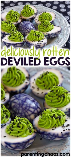 an image of deviled eggs with green frosting