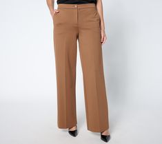 Every woman needs a pair of trousers in her closet. Made of sleek ponte knit, this version has a wide-leg silhouette that flatters the figure. This workwear essential looks oh-so nice when worn with a button-front blouse, blazer, and pumps. From Susan Graver. Sleek Wide Leg Workwear Pants Full Length, Modern Full Length Dress Pants For Work, Classic Stretch Wide Leg Office Pants, Modern Wide Leg Elastane Pants For Work, Classic Stretch Wide Leg Pants For Office, Sleek Wide Leg Dress Pants For Office, Chic Career Pants For Fall, Chic Fall Career Bottoms, Formal Wide Leg Straight Silhouette Pants