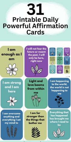 the 31 printable daily powerful affirmation cards are available in multiple colors and sizes