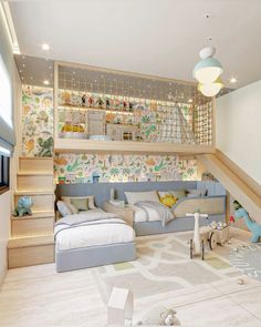 a child's bedroom with stairs leading up to the second floor