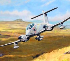 a painting of an airplane flying in the sky over a field and mountain side area