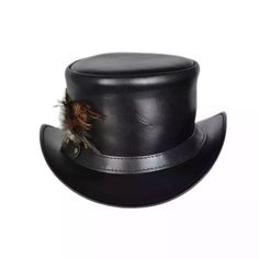 Steampunk Hat El Dorado Top Hat With Simple Band & Feathers Black Leather Hat | eBay Black Leather Hat, Leather Top Hat, Steampunk Top, Steampunk Top Hat, Black Top Hat, Gothic Tops, Steampunk Hat, Black Leather Top, Leather Hat