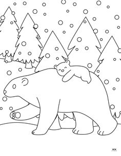 a bear is walking through the snow with trees in the background and bubbles on its back