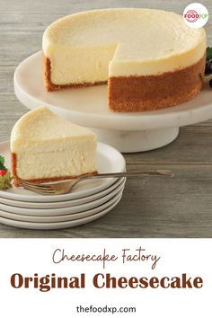 cheesecake factory's original cheesecake on a white plate with two slices cut out